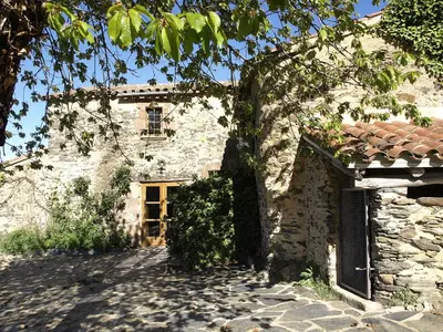 an old stone building with a door and a tree at Ca l'Agnès in Montseny