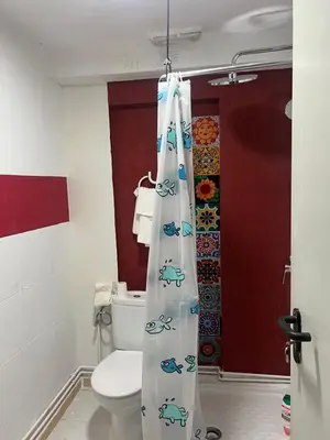 a bathroom with a toilet and a shower curtain with fish on it at Tessasapartments Sabadell 2 in Sabadell