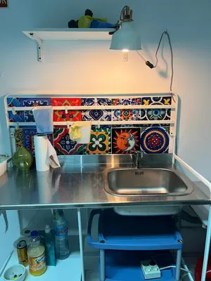 a kitchen counter with a sink and a lamp at Tessasapartments Sabadell 2 in Sabadell