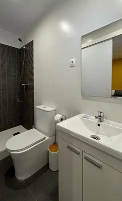 a bathroom with a toilet and a sink and a mirror at Hostal Oliveta Budget in Barcelona