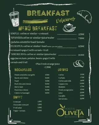 a green menu for a breakfast restaurant with drawings of food at Hostal Oliveta Budget in Barcelona