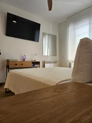 a bedroom with a large bed with a flat screen tv at EstudioSueñosSuite in Sant Just Desvern