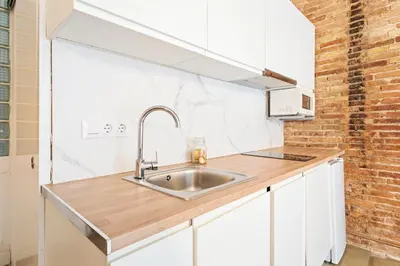 a kitchen with a sink and a brick wall at Flateli Borrell in Barcelona