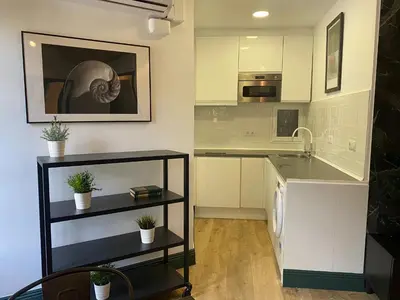a kitchen with white cabinets and a sink at Barcelona Rent - Gaudi House in Barcelona