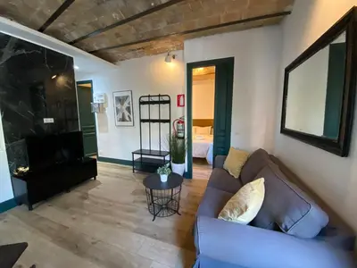 a living room with a couch and a fireplace at Barcelona Rent - Gaudi House in Barcelona