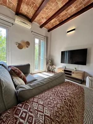a living room with a couch and a flat screen tv at Sant Pau Modernista in Barcelona