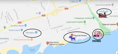 a map of attractions with circled at Frente a mar salida directa playa solo 30M agua in Cubelles