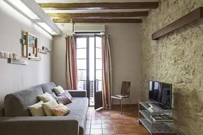 a living room with a couch and a tv at AinB Las Ramblas-Guardia Apartments in Barcelona