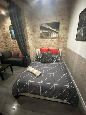 a bedroom with a large bed with red pillows at Room not shared center liceu ramblas plaza Cataluña in Barcelona