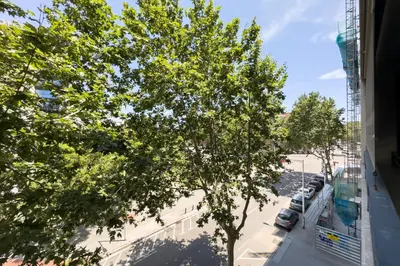 a tree on the balcony of a building at The Lonely Chimney Apartments in Barcelona