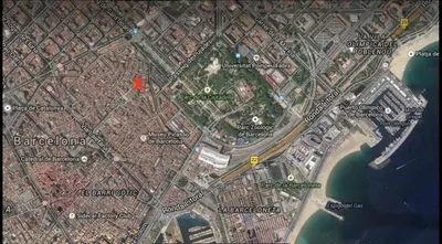 a map of a city with a red arrow at Outdoor Bathtub! 360 Rooftop with Chill Out and Amazing Views! in Barcelona