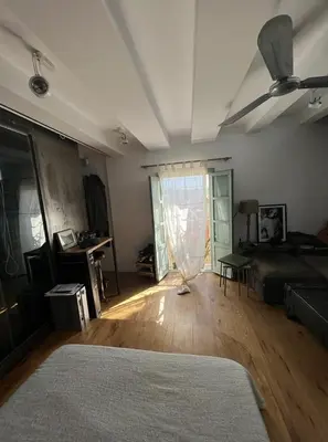 a living room with a bed and a ceiling fan at Outdoor Bathtub! 360 Rooftop with Chill Out and Amazing Views! in Barcelona