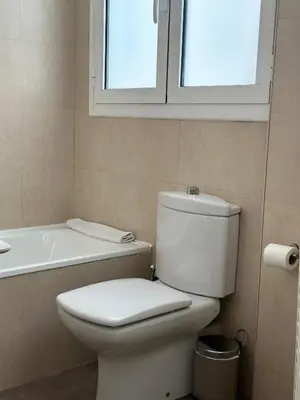 a bathroom with a toilet and a tub and a window at Dudu life in Barcelona