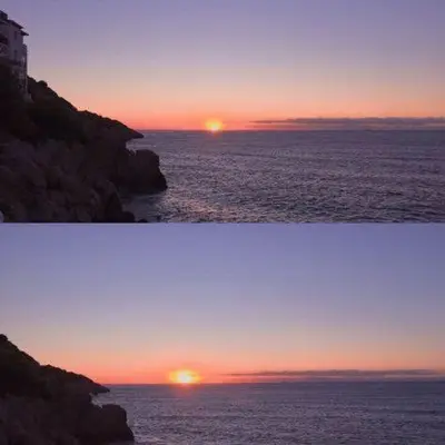 two pictures of the sun setting over the ocean at Loft espectacular vista al mar in Sitges