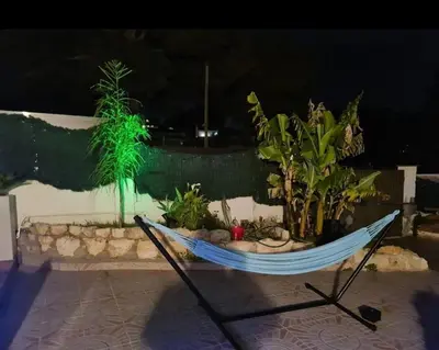 a hammock in a room with plants in it at Casa con piscina uso privado in Cunit