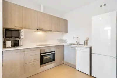a kitchen with wooden cabinets and a sink and a dishwasher at Enrique Granados Apartment in Barcelona
