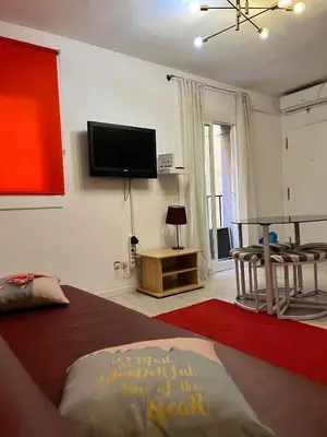a living room with a bed and a flat screen tv at Triumf in Barcelona
