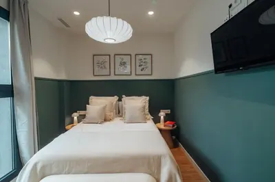 a bedroom with a large bed and a television at Casa Seda in Barcelona