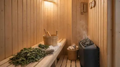 a wooden sauna with a trash can and a bucket at Villa Al Fresco Sitges Center and 10 minutes walk from beach Amaizing Design New Villa and new urbanization in Sitges