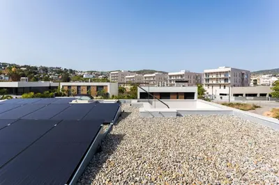 a view of the roof of a building at Villa Al Fresco Sitges Center and 10 minutes walk from beach Amaizing Design New Villa and new urbanization in Sitges