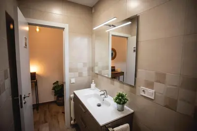 a bathroom with a sink and a mirror and a toilet at Habitación Sant Jeroni en Casa Camí de les Aigües Monistrol de Montserrat in Monistrol