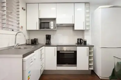 a kitchen with white cabinets and a black appliance at Canela Homes BARCELONA AUSIAS MARC in Barcelona