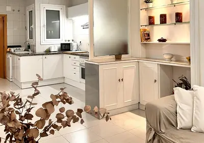 a kitchen with white cabinets and a plant at Espacioso con patio interior in Sabadell