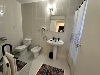a white bathroom with a toilet and a sink at Relax Holiday Home in Vallromanas