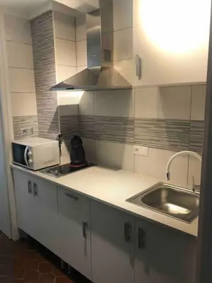 a small kitchen with a sink and a microwave at Cozy apartment close to the beach for 2 persons in Gavà