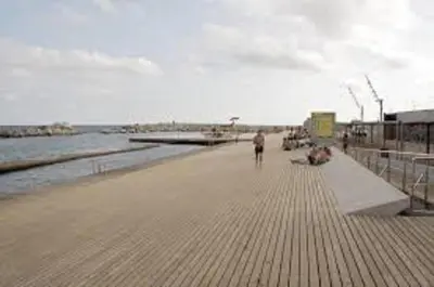 a person walking on a boardwalk next to the water at CCIB Forum Deluxe Apartment in Sant Adria de Besos