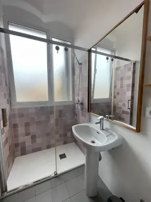 a bathroom with a sink and a shower and a mirror at Barcelona Besos Apartment | 15' to Plaza Cataluña in Sant Adria de Besos