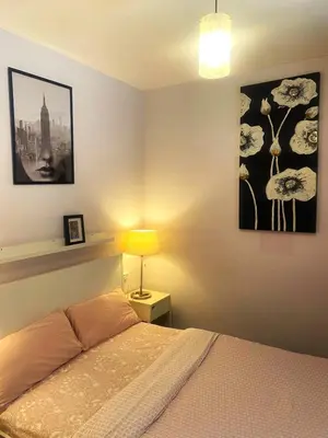 a bedroom with a bed with a lamp and a picture at L5 Metro Stadium Home in Hospitalet de Llobregat
