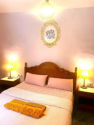 a bedroom with a bed with pink and white sheets and two lamps at L5 Metro Stadium Home in Hospitalet de Llobregat
