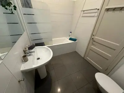 a bathroom with a sink and a shower and a toilet at Habitaciones Roger in Barcelona
