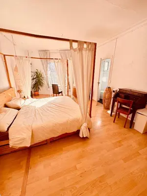 a bedroom with a canopy bed and a piano at Casa Clot in Barcelona