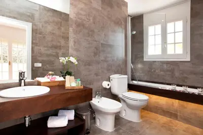 a bathroom with a toilet and a sink and a mirror at Villa Gaudi in San Justo Desvern
