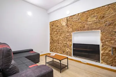a living room with a stone wall with a flat screen tv at BRAND NEW Pl Espana Sants Fira Apartment 2024 Built, Aplus, AirCon & Heating, Gigabit WiFi, Parking in Barcelona