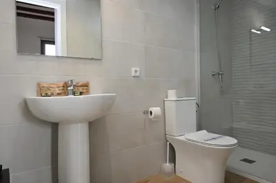 a bathroom with a sink and a toilet and a mirror at Homenfun Dalt Badalona in Badalona