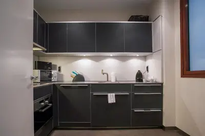 a kitchen with black cabinets and a sink at Tendency Rambla Catalunya in Barcelona