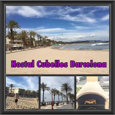 a collage of pictures of a beach with palm trees at Hostal Cubelles in Cubelles