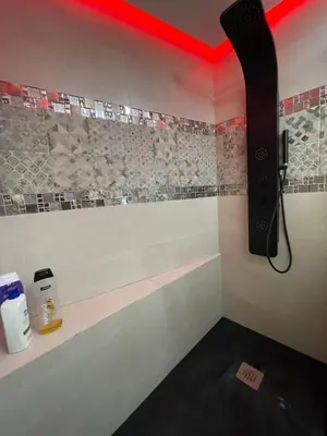 a bathroom with a shower with red lights in it at Piso luxori in Santa Coloma de Gramanet