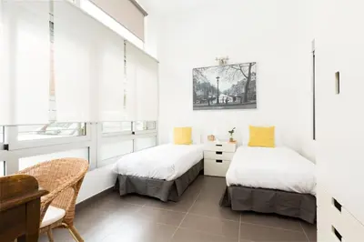 two beds in a room with white walls and windows at Apartamentos Cornellalux in Cornellà de Llobregat