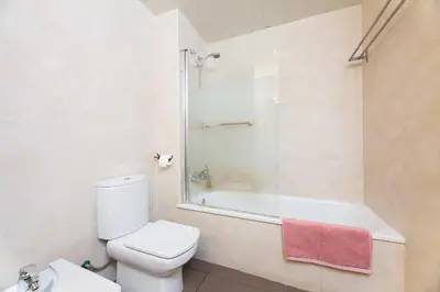 a bathroom with a toilet and a bath tub at Apartamentos Cornellalux in Cornellà de Llobregat