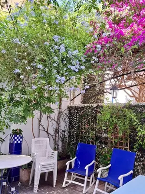 a patio with chairs and tables and flowers at HomeHolidaysRentals Suria - Costa Barcelona in San Pol de Mar