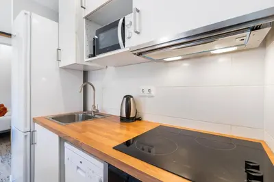 a small kitchen with a sink and a microwave at Lodging Apartments Pere IV in Barcelona