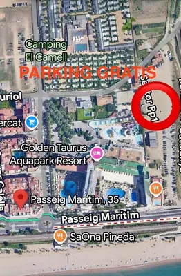 a map of a city with a red circle at LEB Apartments in Pineda de Mar
