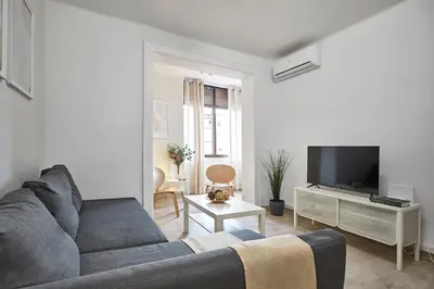 a living room with a gray couch and a tv at BBarcelona Encants Flat in Barcelona