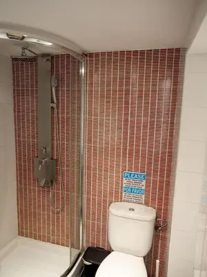 a bathroom with a toilet and a tiled wall at Casa Gracia con Jardín in Barcelona