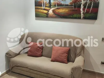 a couch with two pillows sitting under a painting at Passatge Concepcio in Hospitalet de Llobregat