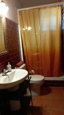 a bathroom with a toilet and a shower and a sink at Can Bicicleta de Dalt in Olesa de Bonesvalls